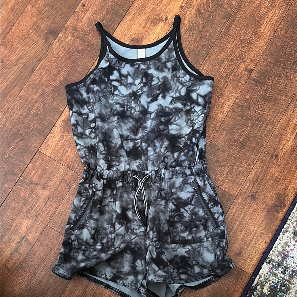 Athleta Girl Black and Gray Tie-Dye Romper